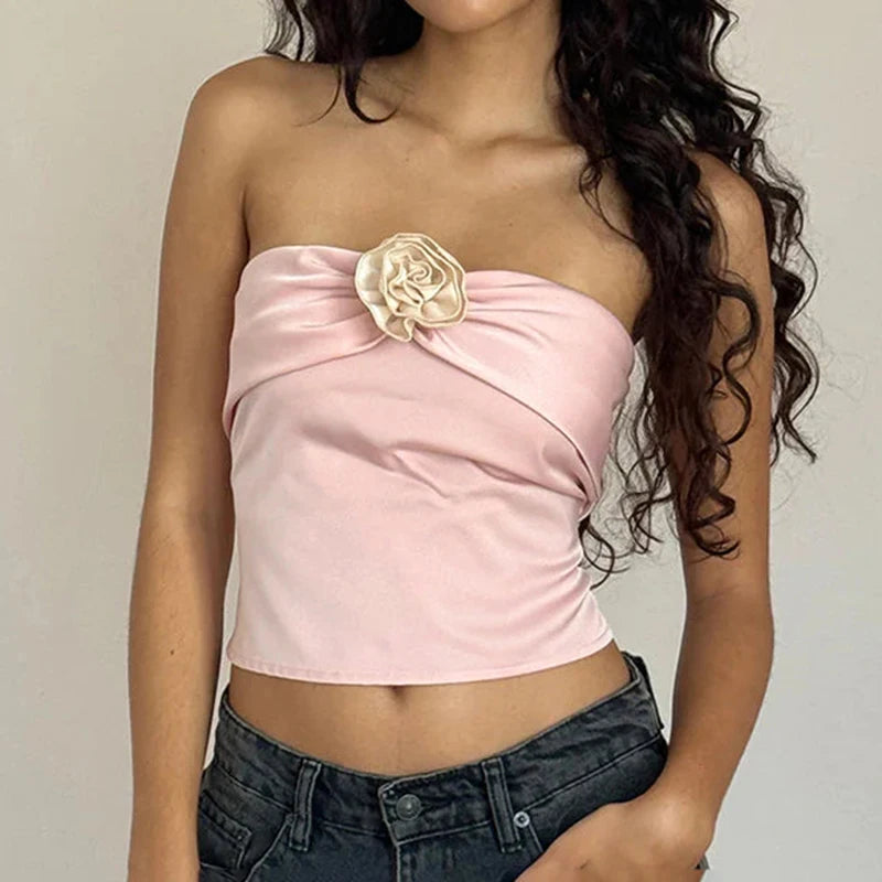 Fashion Chic Flower Pink Strapless Tube Top Zipper Sweet Coquette Summer Crop Tops Female Elegant Mini Party Clothing