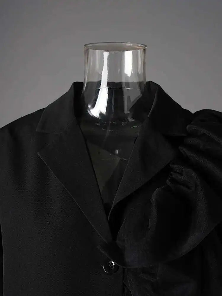 Women Black Irregular Mesh Ruffles Big Size Blazer New Lapel Long Sleeve Jacket Fashion Tide Spring Autumn 2025 CP3519
