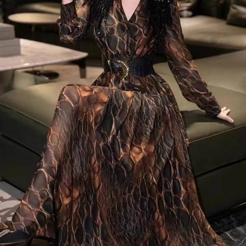 Load image into Gallery viewer, Hit Color Spliced Belt Slimming Dresses For Women V Neck Long Sleeve High Waist Temperament Dress Female Fashion
