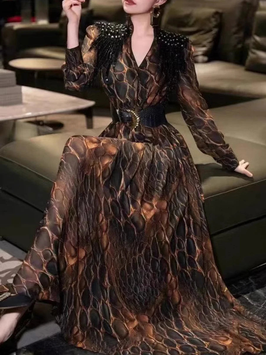 Hit Color Spliced Belt Slimming Dresses For Women V Neck Long Sleeve High Waist Temperament Dress Female Fashion