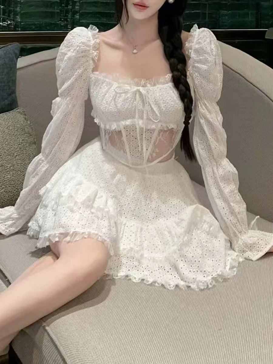 Solid Spliced Lace Sexy Two Piece Sets for Women Square Neck Long Sleeves Sheer Top High Waist Mini Skirt Set Female