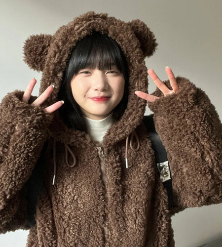 Y2k Aesthetic Zipper Hooded Harajuku Tops Casual Grunge Loose Drawstring Coats Women Streetwear Kawaii Cute Fluffy Warm Jackets