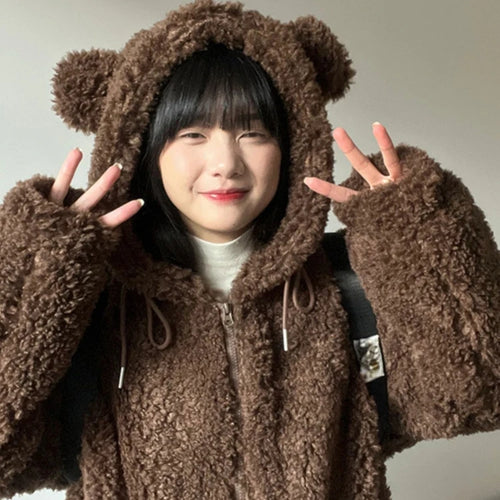 Load image into Gallery viewer, Y2k Aesthetic Zipper Hooded Harajuku Tops Casual Grunge Loose Drawstring Coats Women Streetwear Kawaii Cute Fluffy Warm Jackets
