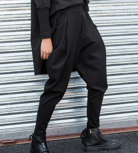 High Elastic Waist Black Split Joint Long Harem Trousers New Loose Fit Pants Women Fashion Tide Spring Autumn 2025 1Z317