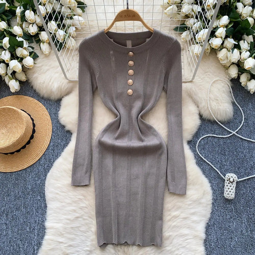Load image into Gallery viewer, Retro 2024 Autumn Winter New Solid Long Sleeves Mini Dress Women's Elegant Office Lady Button Short Knit Dress Popular Clothing

