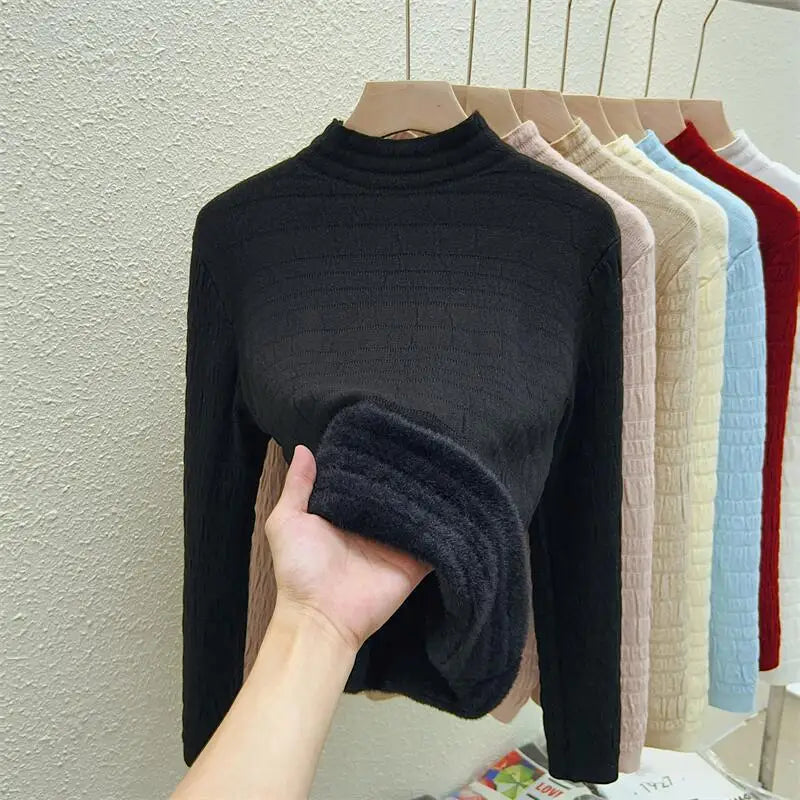 Autumn Winter Korean Fashion Solid Half Height Collar Velvet Knit Sweater Women Warm Long Sleeve Pullovers Tops Casual Popular