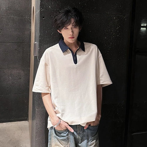 Load image into Gallery viewer, Men&#39;s T-shirts Short Sleeve Lapel Trendy Half Zipper New Summer Korean Style Pullover Male Fashionable Clothing 9W1916
