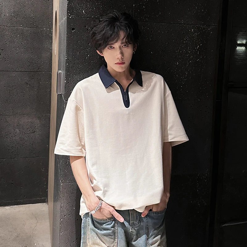 Men's T-shirts Short Sleeve Lapel Trendy Half Zipper New Summer Korean Style Pullover Male Fashionable Clothing 9W1916