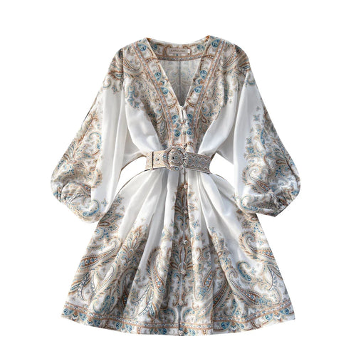 Load image into Gallery viewer, French Retro Women Black Print Single Breasted Short Dresses Autumn Winter Beige Slim Lantern Sleeve Mini Dress Ladies Bohemian
