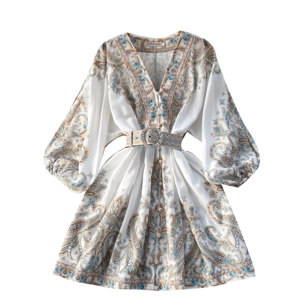 French Retro Women Black Print Single Breasted Short Dresses Autumn Winter Beige Slim Lantern Sleeve Mini Dress Ladies Bohemian