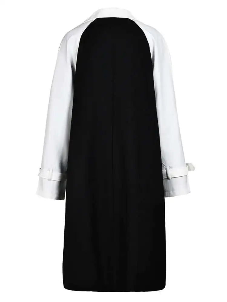 Women Black Color-block Big Size Trench New Lapel Long Sleeve Loose Fit Windbreaker Fashion Spring Autumn 2025 1DF328401