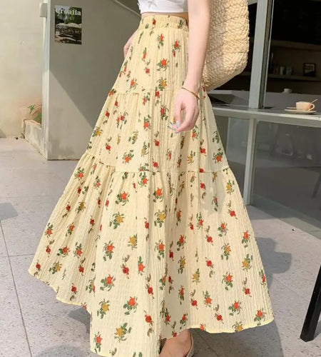 Spring Summer French Fashion Yellow Floral Elegant Pleated Long Skirt Women Elastic High Waist Party Skirts New Ladies Bohemian