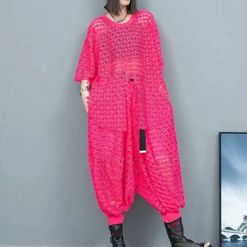 Load image into Gallery viewer, Big Size Mesh T-shirt Wide Leg Pants Two Piece Suit New Round Neck Short Sleeve Women Fashion Spring Summer 2025 1DH6432
