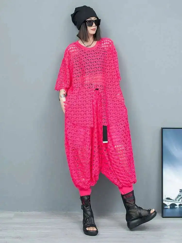 Big Size Mesh T-shirt Wide Leg Pants Two Piece Suit New Round Neck Short Sleeve Women Fashion Spring Summer 2025 1DH6432