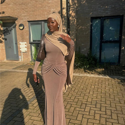 Load image into Gallery viewer, Diagonal Collar Long Sleeve Maxi Dress For Women Autumn Winter New Solid High Waist Ruched Bodycon Sexy Long Dress
