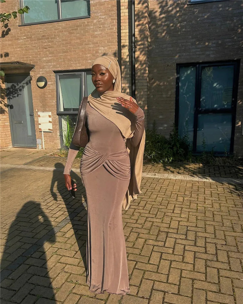 Diagonal Collar Long Sleeve Maxi Dress For Women Autumn Winter New Solid High Waist Ruched Bodycon Sexy Long Dress