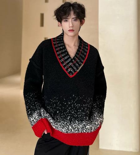 Contrast Color Men's Pullover Sweaters Korean Trend V-neck Male Knitting Pullovers New Stylish Knits Top Spring 2024 9C4140