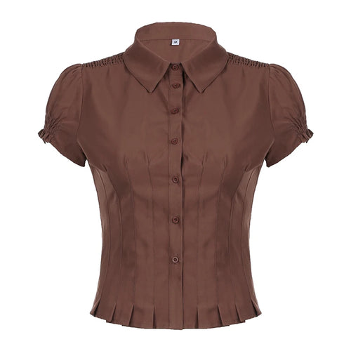 Load image into Gallery viewer, Fashion Chic Brown Summer Shirts Female Folds Slim-Waist Vintage Y2K Top Buttons Pleated Blouse Cropped Clothes 2024
