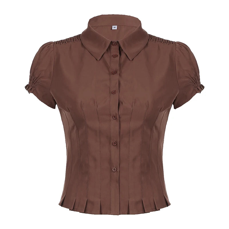 Fashion Chic Brown Summer Shirts Female Folds Slim-Waist Vintage Y2K Top Buttons Pleated Blouse Cropped Clothes 2024