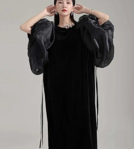 Women Black Organza Velvet Elegnat Big Size Dress New Round Neck Long Puff Sleeve Fashion Tide Spring Autumn 2025 1DH2248