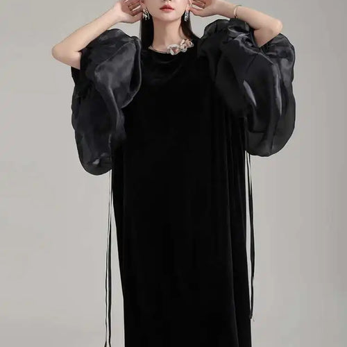 Load image into Gallery viewer, Women Black Organza Velvet Elegnat Big Size Dress New Round Neck Long Puff Sleeve Fashion Tide Spring Autumn 2025 1DH2248
