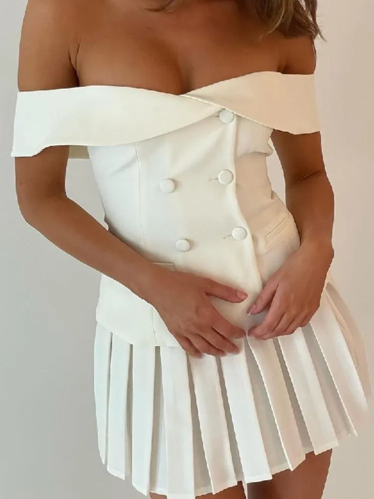 Sexy Skirt Two Piece Set Women Off-shoulder Tops And Pleated Mini Skirt Matching Sets Femme Fashion Two Piece Set