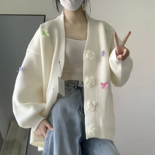 Load image into Gallery viewer, 3D Flower Y2k Aesthetic Knitted Grunge Cardigan 2025 Autumn Oversize Loose Contrast Women Sweater Bow Harajuku Cardigans Femme
