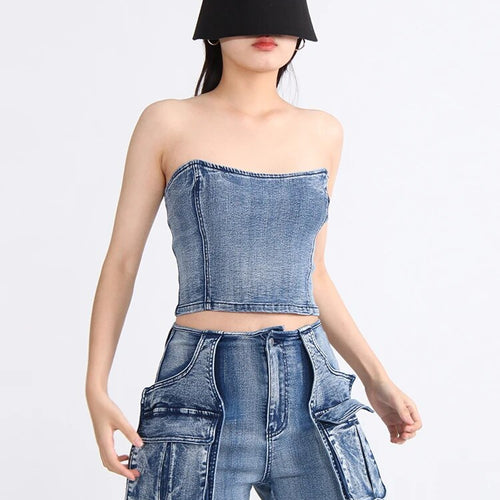 Load image into Gallery viewer, Denim Solid Tank Tops For Women Strapless Sleeveless Slim Backless Spliced Zipper Vest Female Fashion Clothing
