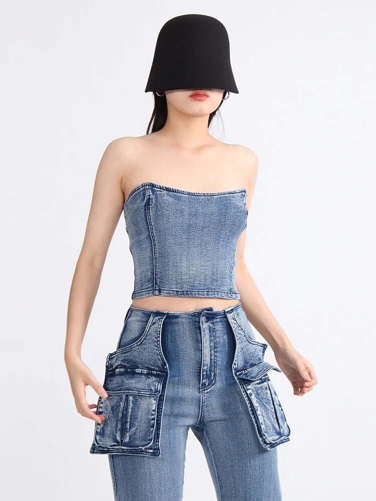 Denim Solid Tank Tops For Women Strapless Sleeveless Slim Backless Spliced Zipper Vest Female Fashion Clothing