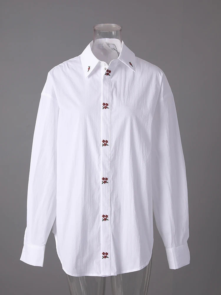 Women White Embroidery Big Size Elegant Blouse New Lapel Long Sleeve Shirt Fashion Tide Spring Autumn 2025 CPG3311