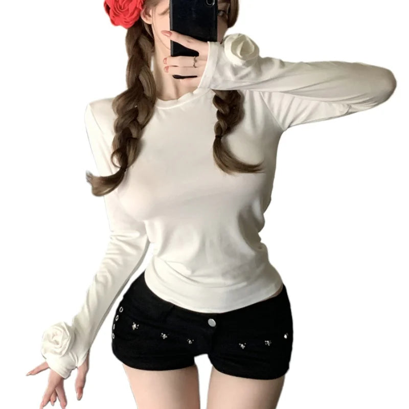 y2k Aesthetic Tops Women Clothes Solid Color Round Neck Long Sleeve T Shirt with 3D Flower 2000s Clothing Club Wear