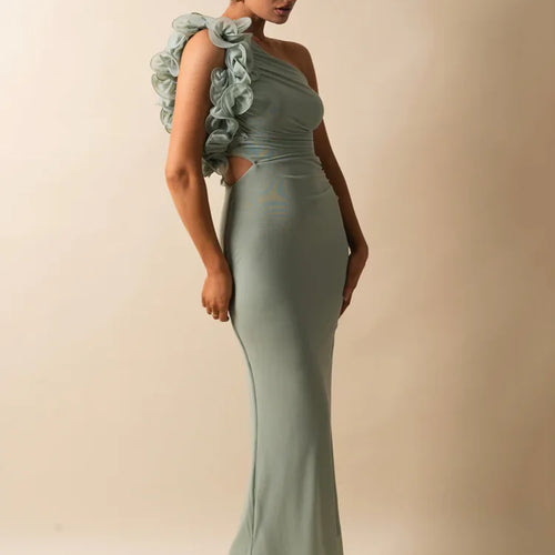 Load image into Gallery viewer, Shoulder Floral Mesh Ruched Sexy Maxi Dress For Women Gown Oblique Shoulder Sleeveless Backless Bodycon Long Dress
