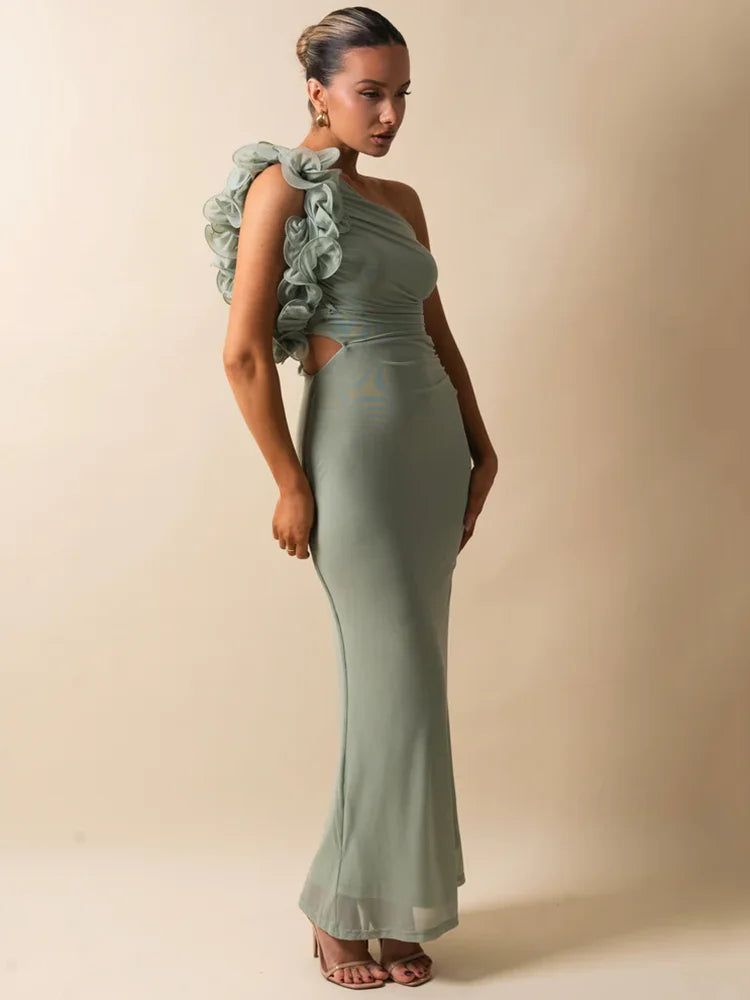 Shoulder Floral Mesh Ruched Sexy Maxi Dress For Women Gown Oblique Shoulder Sleeveless Backless Bodycon Long Dress