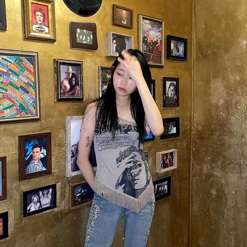 Load image into Gallery viewer, Grunge Print Tank Tops Vintage Irregular Patchwork Camisole Korean Fashion Tassel Design Tops 90s Punk Style Vest Chic
