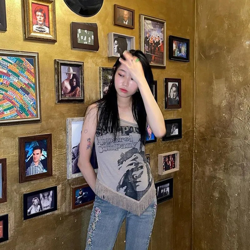 Grunge Print Tank Tops Vintage Irregular Patchwork Camisole Korean Fashion Tassel Design Tops 90s Punk Style Vest Chic