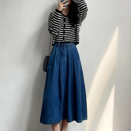 Load image into Gallery viewer, Vintage Blue High Waist Women's Elegant Slim Party Denim A-line Long Skirts Spring Summer Pleated Umbrella Skirt Female 2024 New

