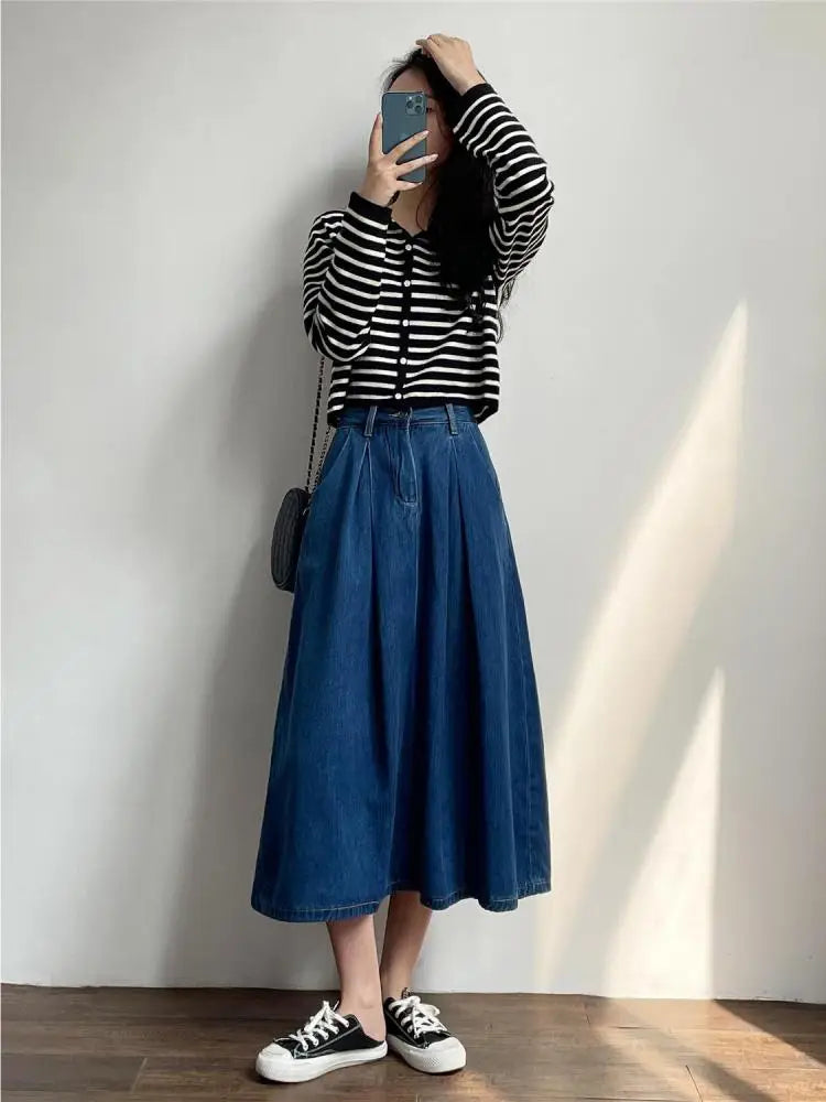 Vintage Blue High Waist Women's Elegant Slim Party Denim A-line Long Skirts Spring Summer Pleated Umbrella Skirt Female 2024 New