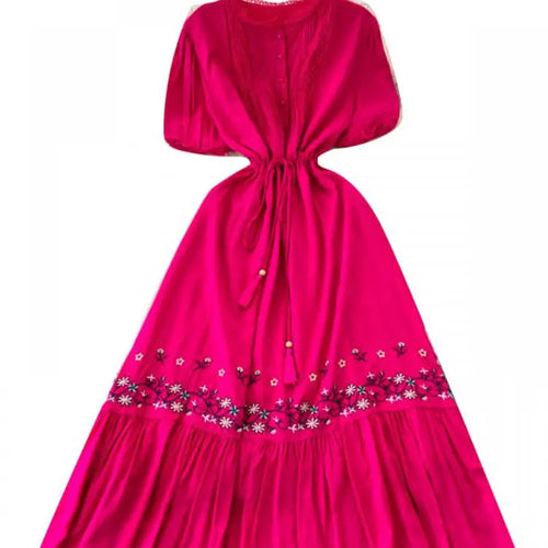 Load image into Gallery viewer, Retro 2024 Summer New Women's Round Neck Embroidered Lace Patchwork Lace Up Long Dresses Fashion Short Sleeves Button Dress Boho
