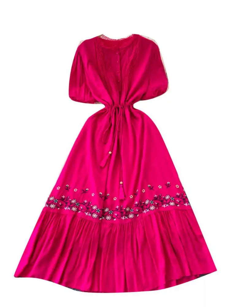 Retro 2024 Summer New Women's Round Neck Embroidered Lace Patchwork Lace Up Long Dresses Fashion Short Sleeves Button Dress Boho
