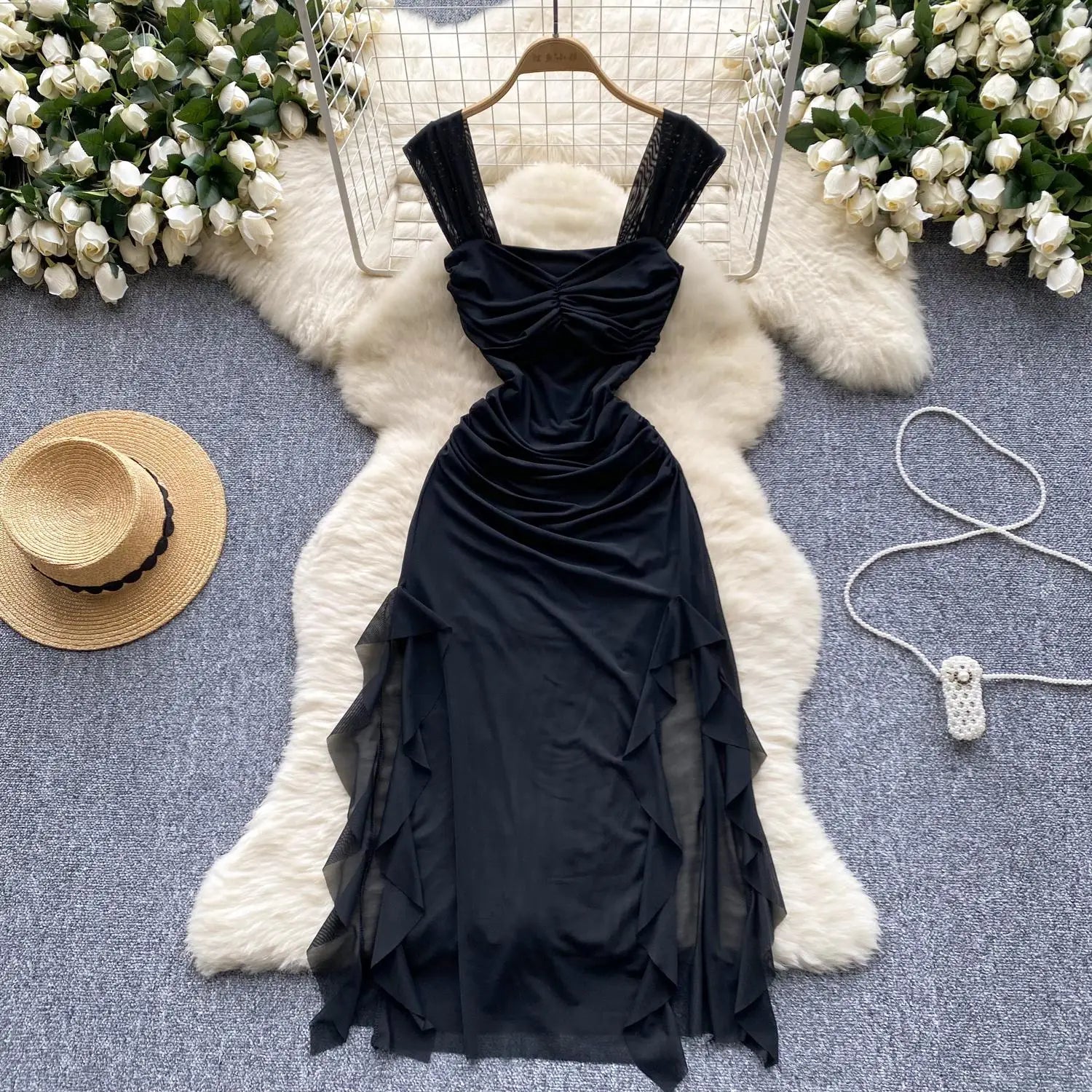 French Summer Fashion Women Black White Vacation Ruffle Edge Slip Long Dress Red Sexy Backless Slim Irregular Pleated Mesh Dress