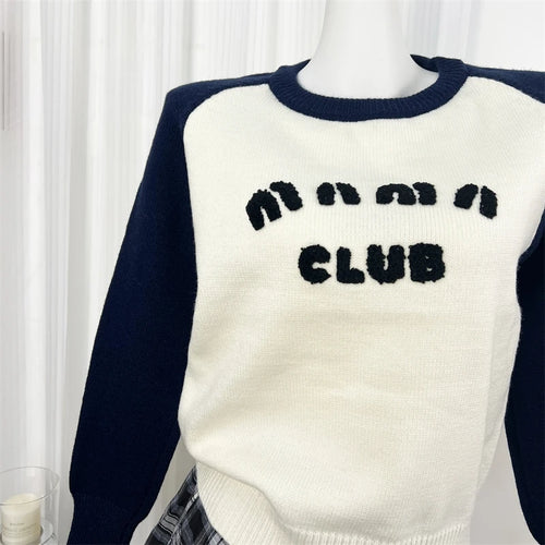 Load image into Gallery viewer, Autumn Winter Elegant Black White Colorblock Letter Embroidery Sweater Women Round Neck Long Sleeves Knit Pullover Top Versatile
