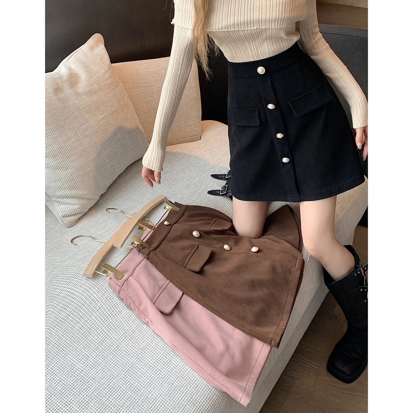 Autumn Winter New Black Pink Corduroy High Waisted Mini Skirt Women Korean Fashion Brown Large Size Short Skirt Simplicity Trend