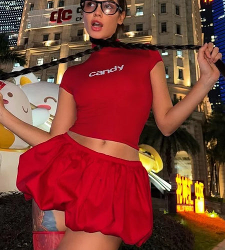 Hottie Casual 2 Piece Set Women Letter Print Shorts Sleeve Crop Tops+Puffy Skirt Simple Basic Matching Streetwear Outfits
