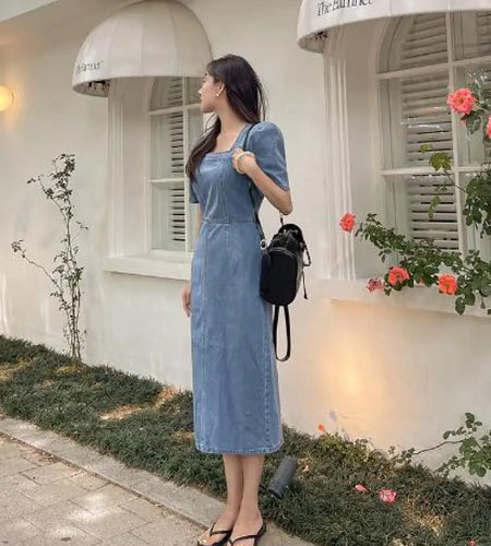 French Vintage Blue Denim Dress Summer New Temperament Goddess Long Dress High Waist Slim Elegant Square Collar Holiday Dresses