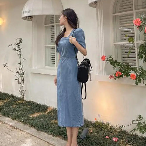 Load image into Gallery viewer, French Vintage Blue Denim Dress Summer New Temperament Goddess Long Dress High Waist Slim Elegant Square Collar Holiday Dresses
