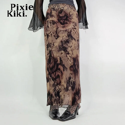 Load image into Gallery viewer, Retro Rose Print Mesh A-line Long Skirt Fairy Grunge Y2k Skirts Women Clothing P84-CE28
