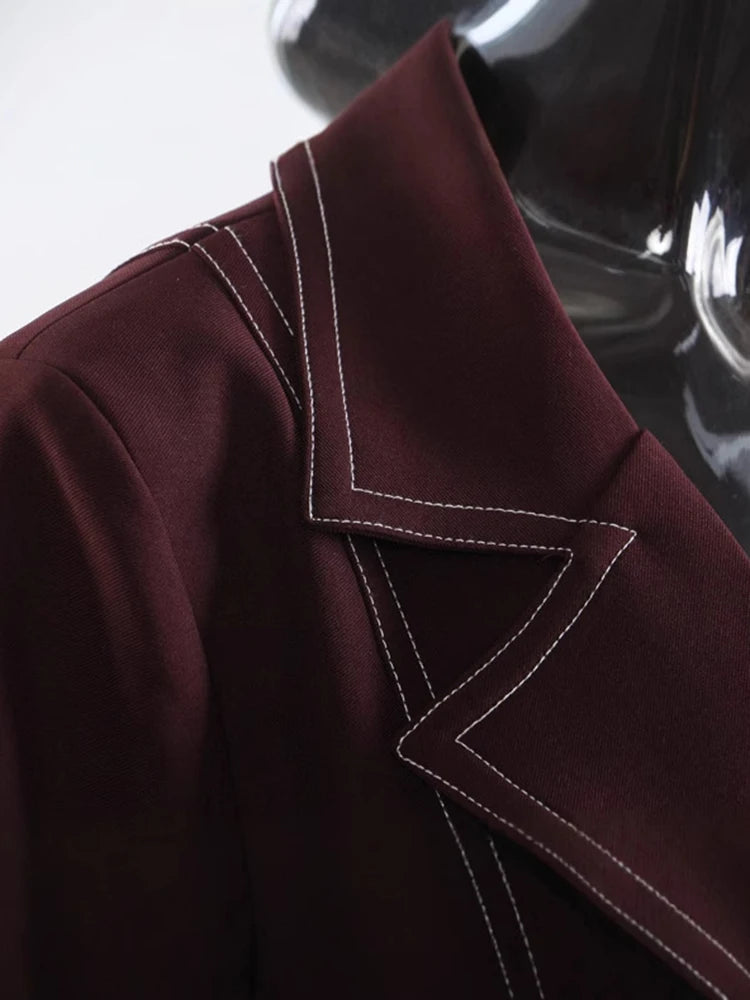 Women Wine Red Topstitched Big Size Long Blazer New Lapel Long Sleeve Jacket Fashion Tide Spring Autumn 2025 1DJ1287