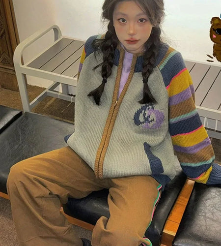 Contrast Color Vintage Striped Cardigan Y2k Aesthetic Loose Zipper Grunge Knitted Sweaters Japanese Casual Sweet Rainbow Coats