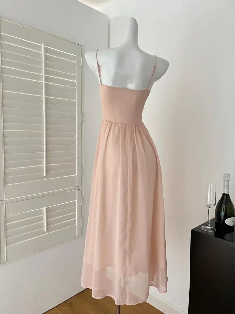 Summer Vintage Pink Sexy High Waist Sleeveless Evening Party Long Dress For Women Elegant Backless Pleated Slip Dress 2025 Trend