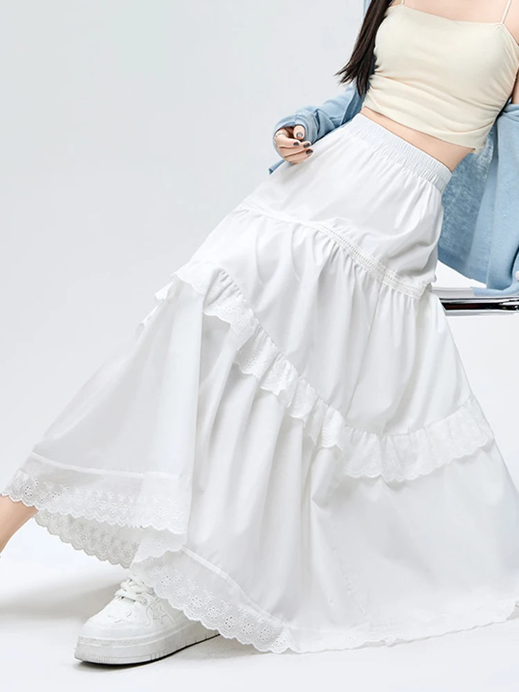 White Lace Sweet Summer Elegant Women's Skirts Office Ladies New Solid Color Chicly Elastic Waist Simple Casual Female Skirts